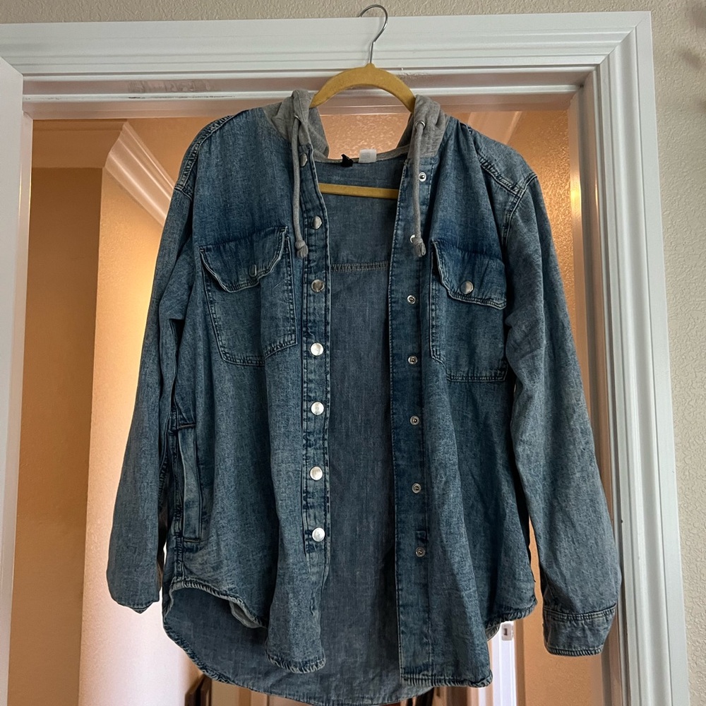 Denim Button-Up Shirt with Hood